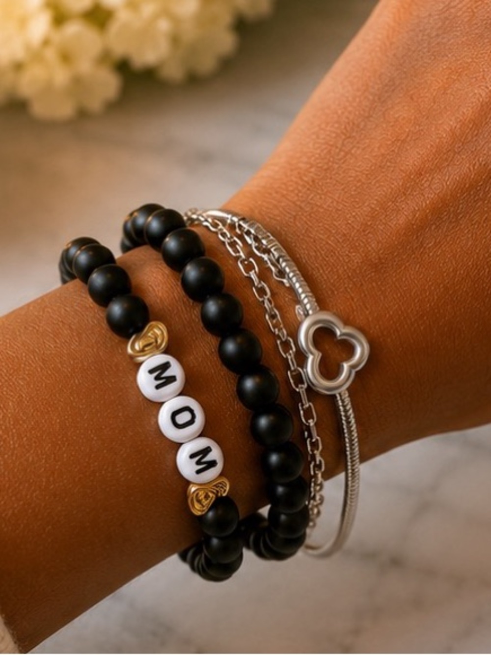 Black MOM Beaded Bracelet Set of 2 | Handmade Stretch Bracelets | Gift for Mom